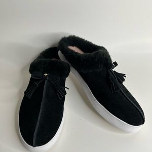 KATE SPADE Black Suede Shearling Slides Sz 10.5